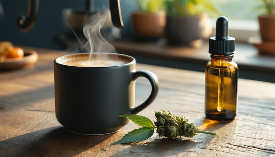 Steaming ceramic mug of black coffee next to an unlabeled amber dropper bottle and a cannabis leaf on a wooden table in morning light, with a blurred pour-over setup in the background.