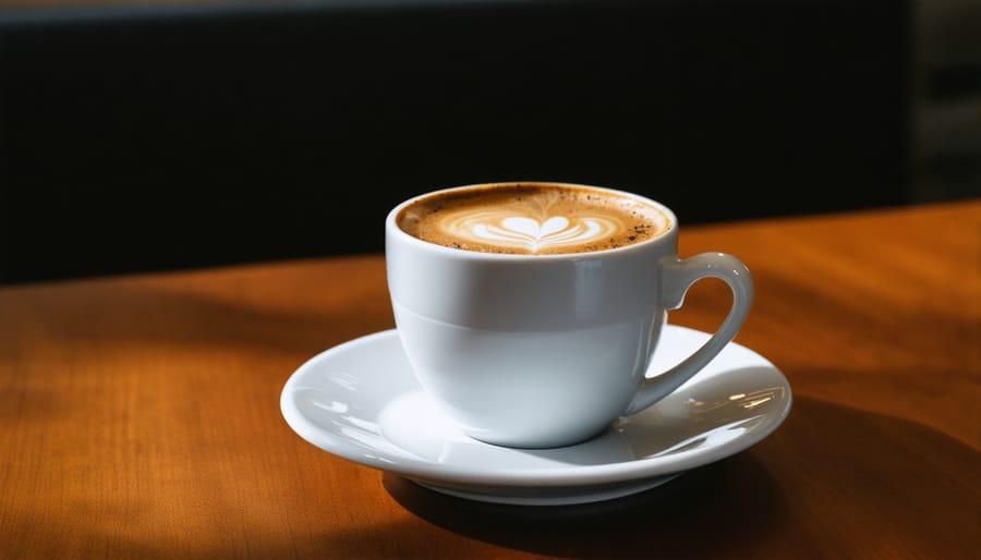 Close-up of hands adding THC tincture drops to coffee using glass dropper