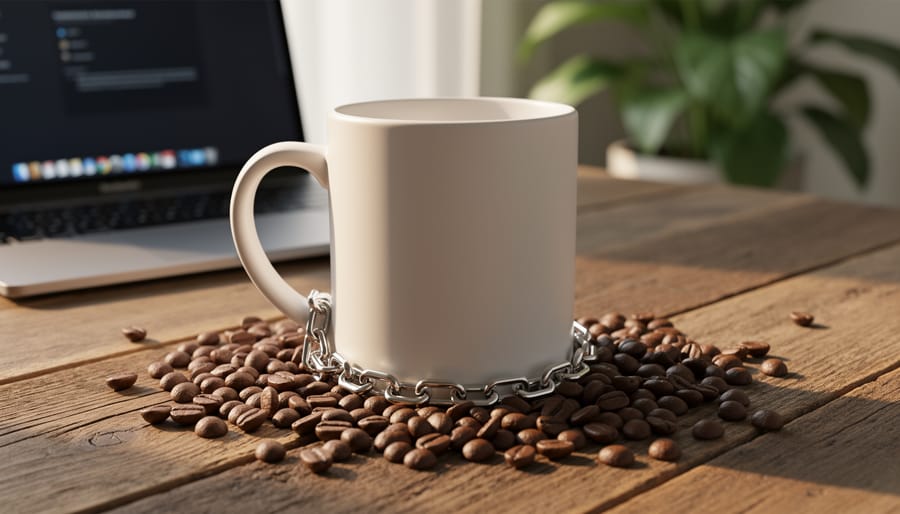 Coffee mug encircled by a metal chain on a wooden desk with scattered beans, with a blurred laptop and houseplant in the background under warm side lighting.