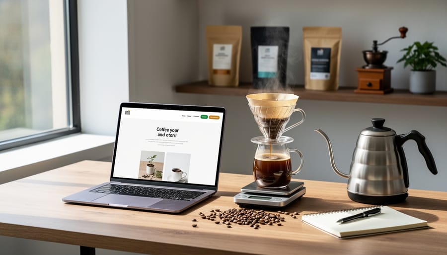 Overhead view of laptop, coffee cup, and espresso beans on desk representing coffee blogging workspace