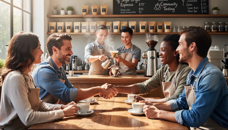 Coffee professionals having collaborative conversation at cafe table with coffee samples and notebooks