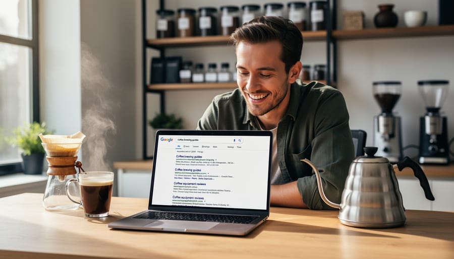 Person viewing search results on phone at coffee shop with pour-over brewing equipment