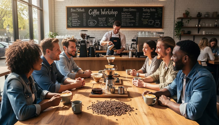 Two people having authentic conversation over coffee in cafe setting