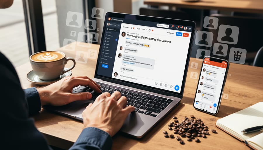 Hands holding smartphone showing Reddit coffee community posts and upvote buttons