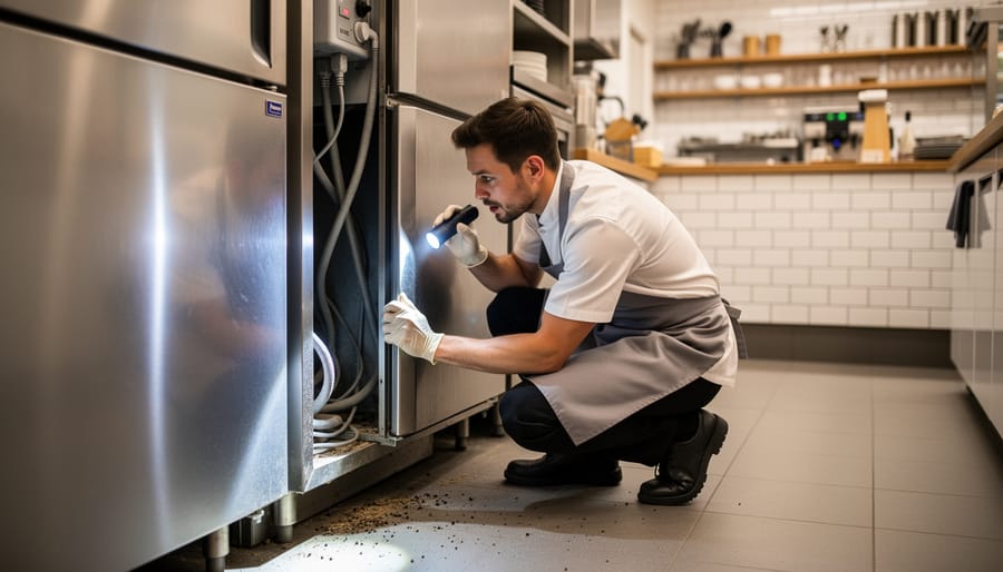 Café staff member inspecting behind refrigeration equipment with flashlight