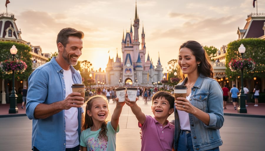 Specialty coffee cup in car with Disney castle visible through windshield