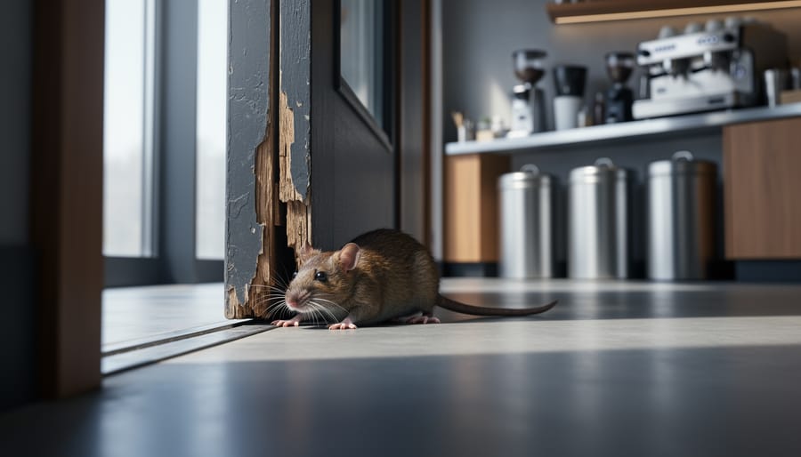 Low-angle ground-level photo of a brown rat squeezing under a gap beneath a coffee shop back door, with stainless-steel counters and raised sealed bins softly blurred in cool side lighting