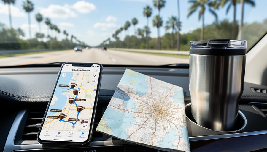 Coffee drinks on table with travel map and car keys for trip planning