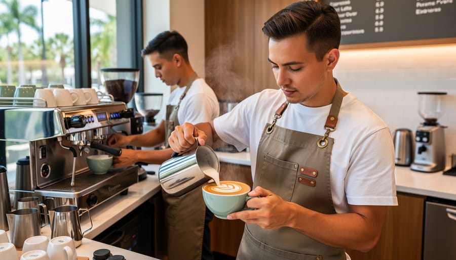 Barista pouring latte art into specialty coffee cup