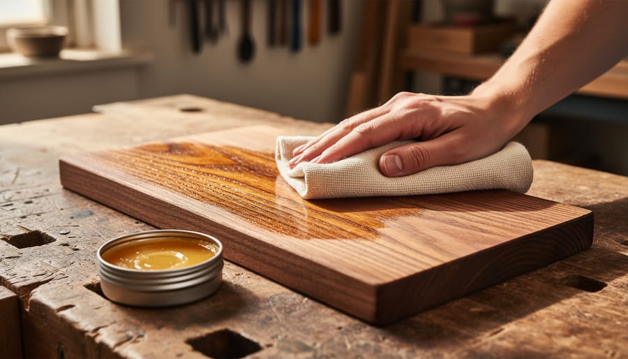 Close-up of beeswax being applied to a wooden coffee tool with a cloth and brush nearby
