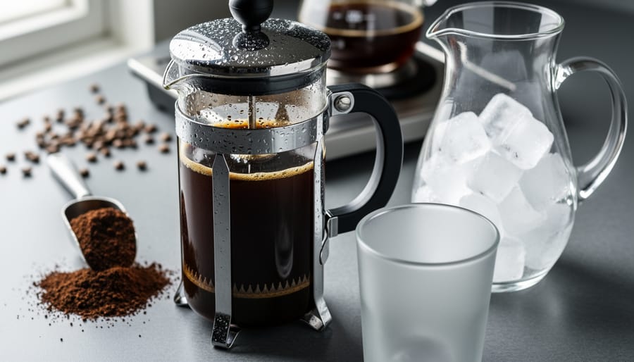 Close-up of a glass French press with dark cold brew coffee concentrate on a kitchen counter, with coffee grounds and an iced serving glass nearby.