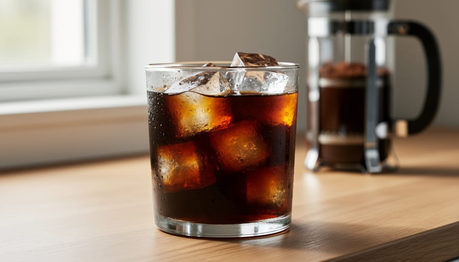 Cold brew coffee in a clear glass over ice beside a French press on a wooden table