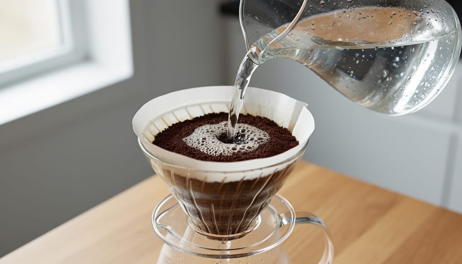 French press being prepared as cold filtered water is poured in and the coffee grounds are gently stirred