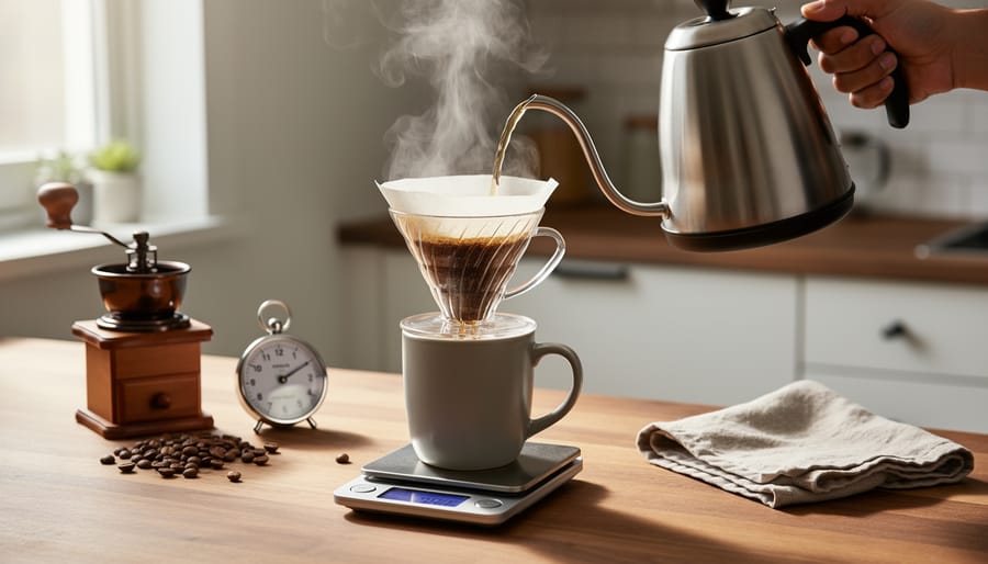 Weekend pour-over coffee setup with steaming carafe, dripper, and single-origin beans on a wooden table