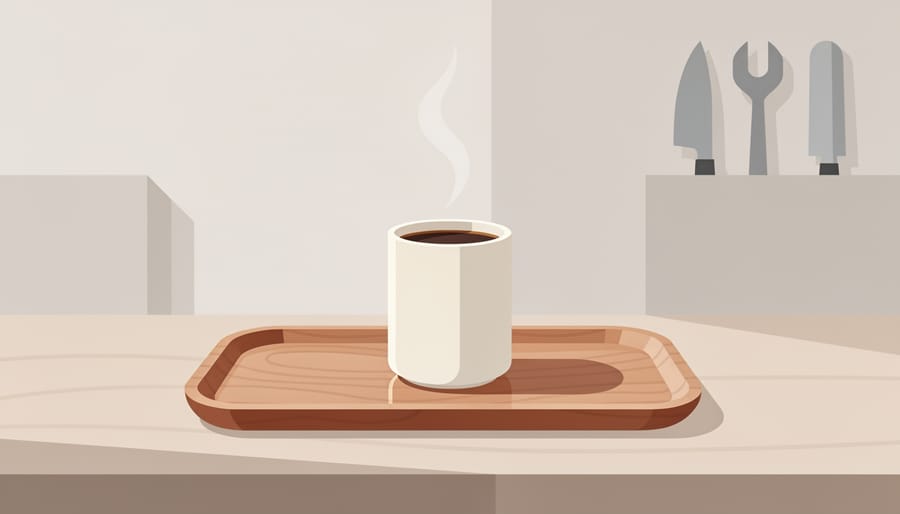 Wooden serving tray with subtle wax sheen holding a cup of coffee with steaming coffee and care tools nearby