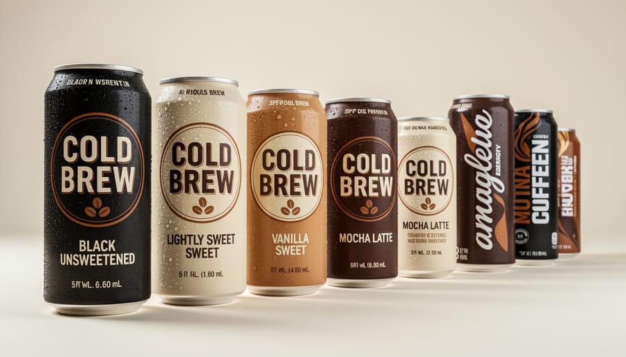 Assorted cans of cold brew coffee on a wooden table in a kitchen setting
