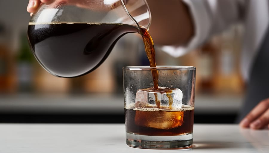 Bartender pouring a dark coffee cocktail over ice into a rocks glass with a blurred bar setup in the background.