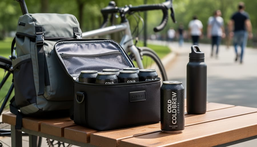 Canned cold brew packed in a cooler bag outdoors during golden hour
