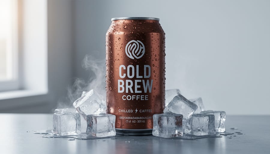 Hand holding a chilled canned cold brew beside a glass of iced coffee with condensation