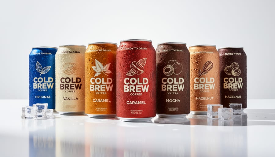 Assorted chilled canned cold brew drinks with visible condensation in a close-up