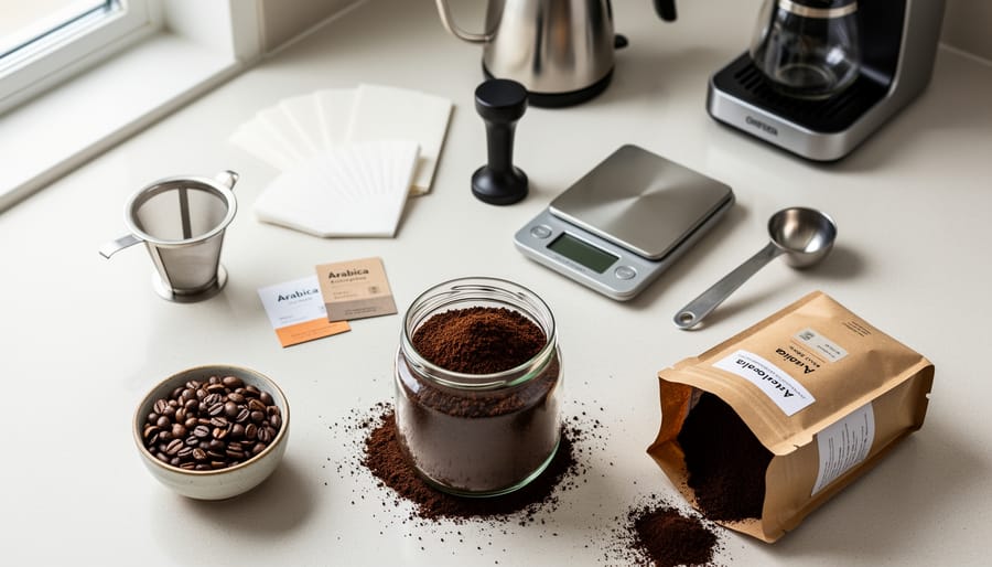 Close-up of coarse coffee grounds and a fine mesh filter used for cold brew