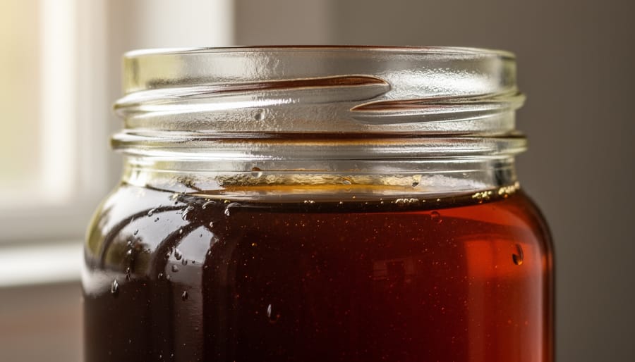 Close-up of glass cold brew jar with dark mahogany coffee concentrate and condensation droplets