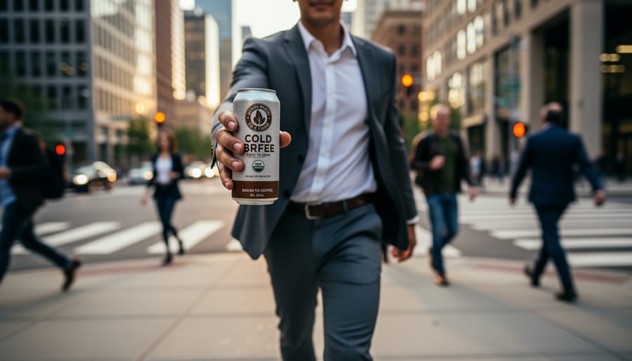 Person carrying canned cold brew in a reusable tote while walking outside