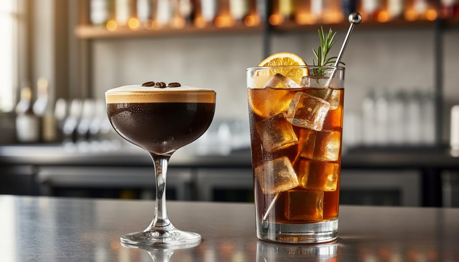 Espresso martini with crema foam and a filter coffee cocktail in a tall glass on a bar with coffee beans and grounds nearby.