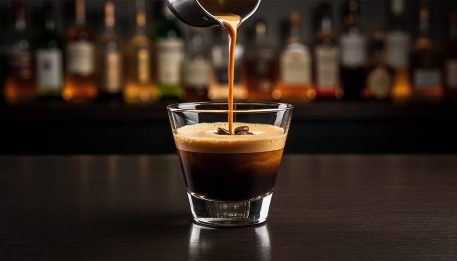 Close-up of espresso machine pouring a dark espresso stream into a small cup held by a bartender.
