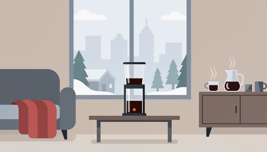 Person pouring or holding a cold brew drink at home with coffee beans and a pitcher nearby