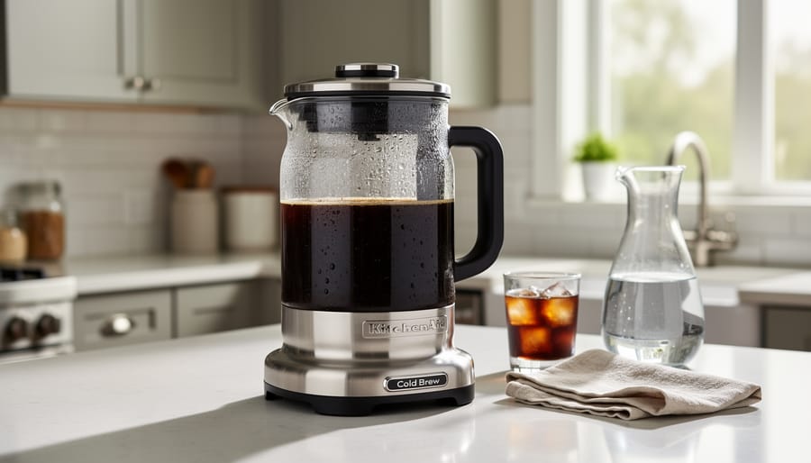 KitchenAid cold brew coffee maker with a glass brew jar and tap on a kitchen countertop