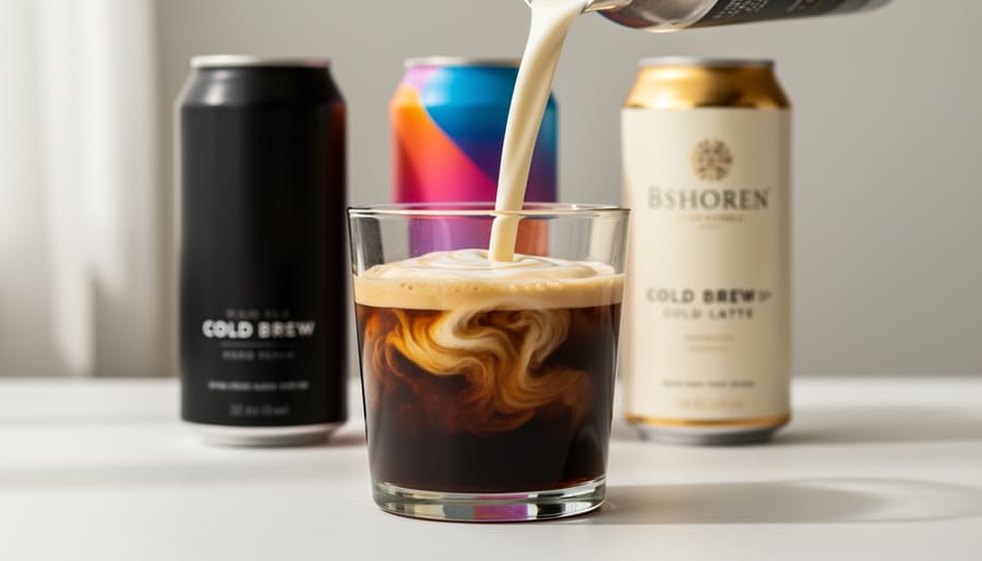 Latte-style cold brew being poured into a clear glass with creamy foam