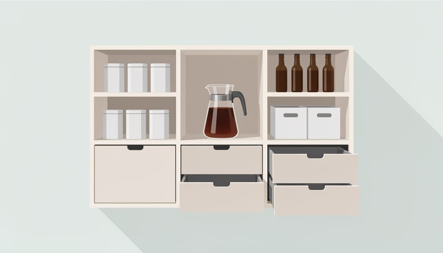 Canned cold brew stored neatly on a kitchen pantry shelf beside other drinks