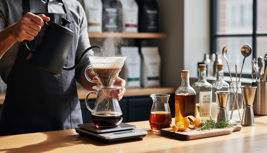 Pour-over brewing setup with dark coffee draining into a glass carafe on a bar counter with ice nearby.