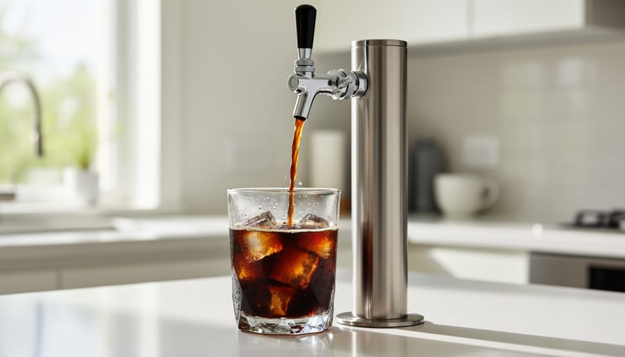 Person pouring cold brew from a KitchenAid tap into a glass over ice