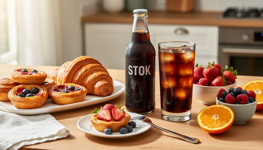 Breakfast plate with croissant and berries beside a glass of STOK iced coffee on a kitchen table