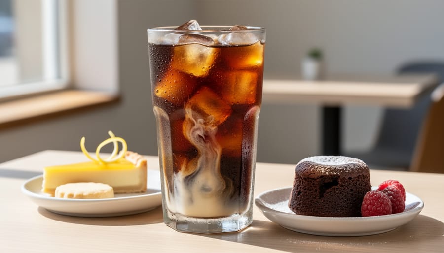 Dark chocolate and cheesecake on a plate next to a glass of sweet STOK iced coffee