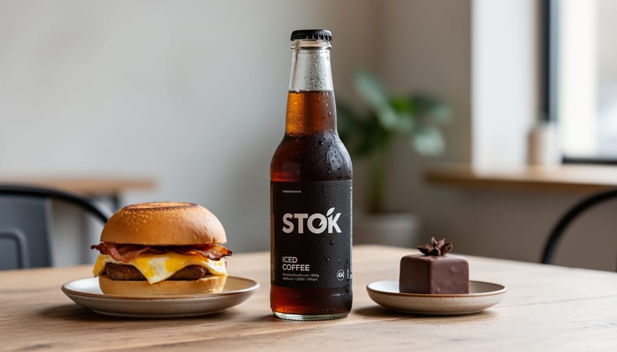 “Stok iced coffee bottle on a wooden table paired with a breakfast sandwich and a small chocolate treat in soft daylight.”