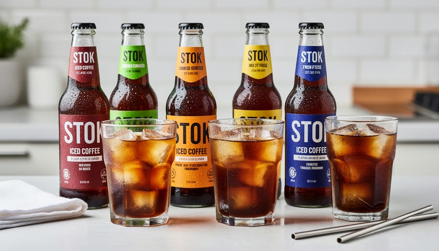 STOK iced coffee bottle and three iced coffee glasses on a wooden table with pastries in soft background blur