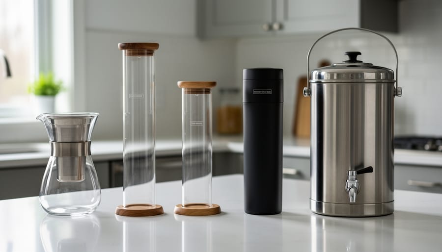 Three different cold brew pitchers with lids arranged on a kitchen counter