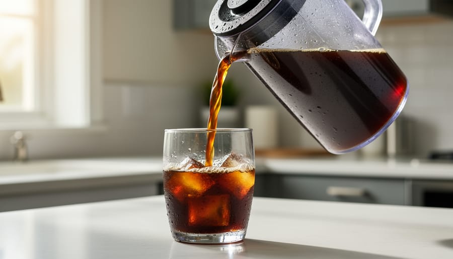 Takeya cold brew pitcher and a glass of dark cold brew coffee on a kitchen countertop