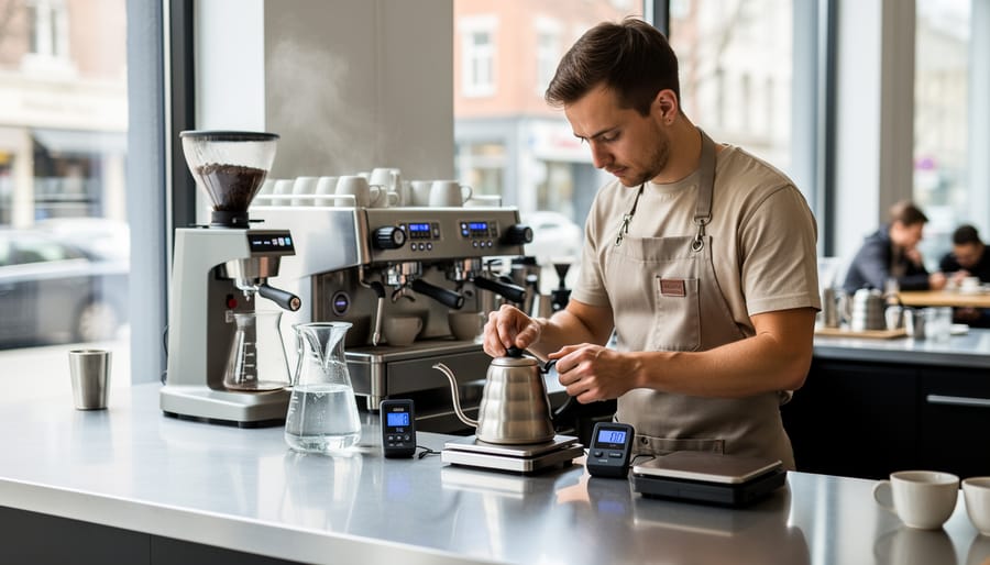 Barista holding a handheld water testing meter near a coffee water filtration setup