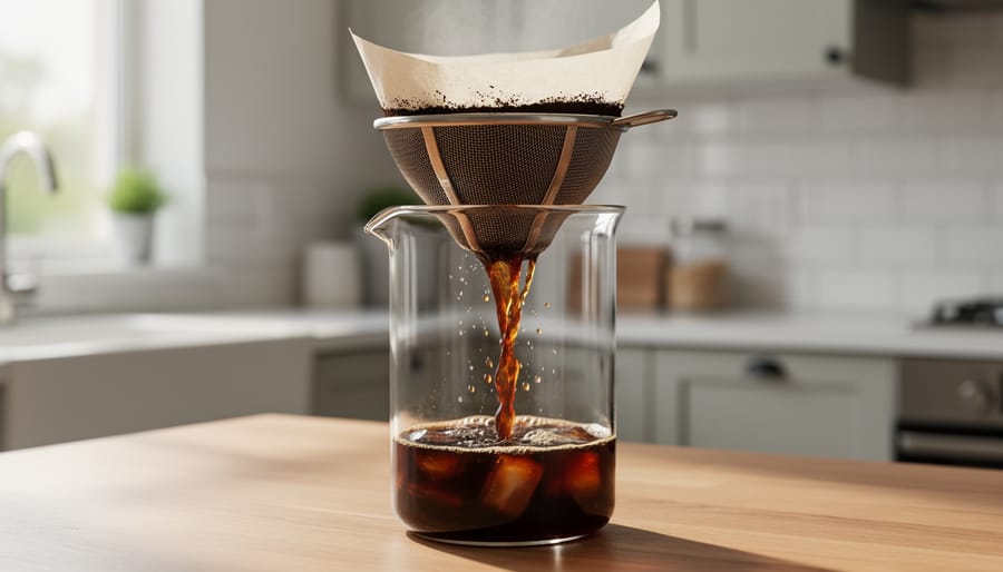 Coffee concentrate being filtered through a stainless steel strainer into a glass jug.