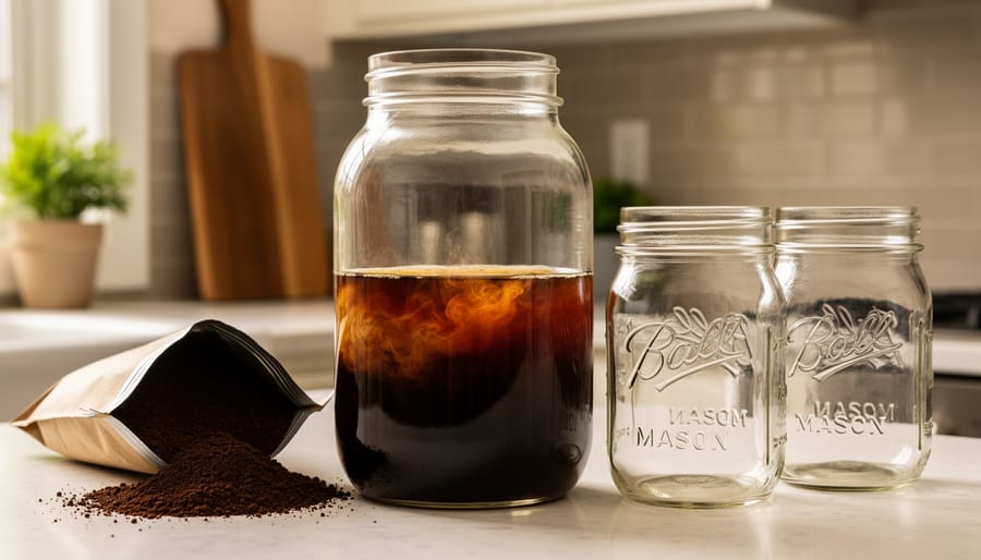 Cold brew coffee concentrate in a glass pitcher with mason jars and coarse coffee grounds on a home table.