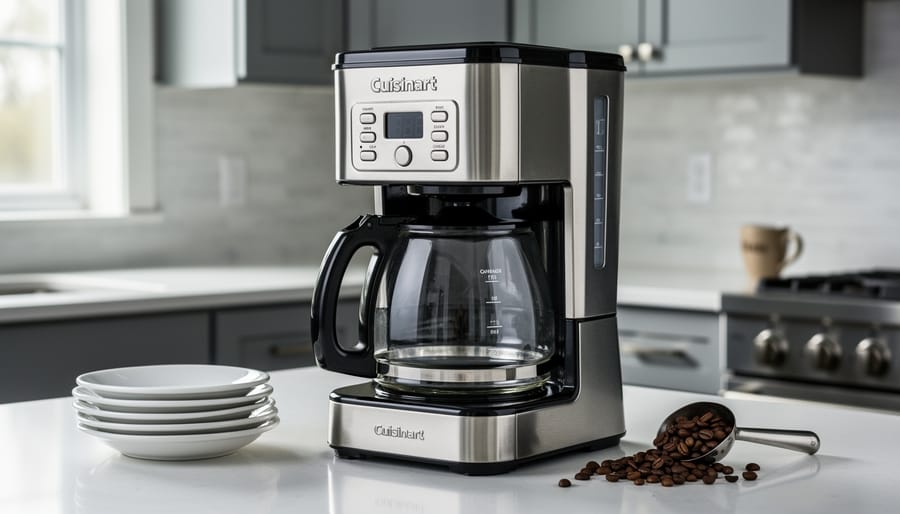 Stainless-steel Cuisinart drip coffee maker with glass carafe on a modern kitchen counter in soft natural daylight.