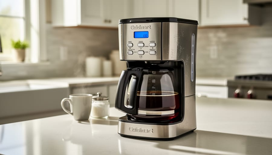 Cuisinart drip coffee maker and glass carafe on a kitchen countertop in soft natural light