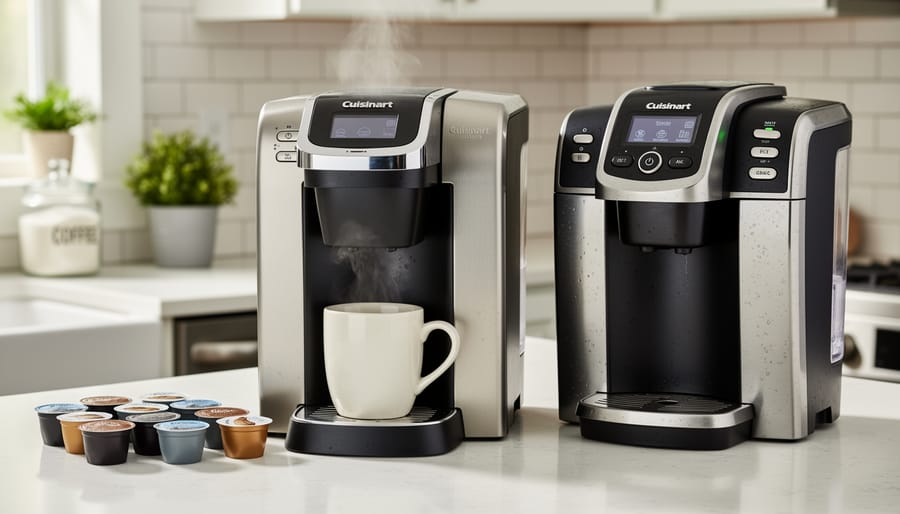 Single-serve Cuisinart coffee maker dispensing setup with a cup on the countertop