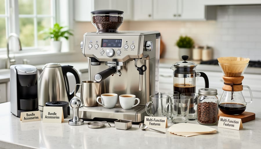 Multi-function countertop coffee setup with a Cuisinart coffee maker and neatly arranged brewing accessories