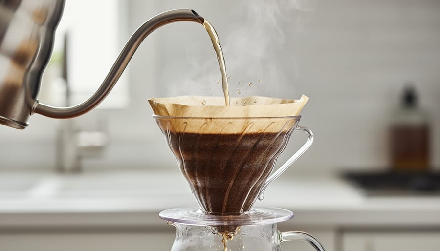Pour-over coffee setup with kettle water streaming into a V60 dripper