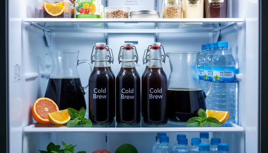 Bottles of cold brew concentrate stored in a refrigerator next to milk and vanilla pods.